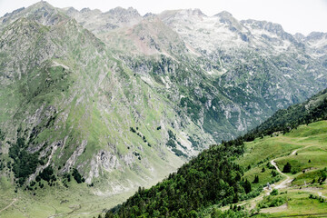 Meadows, rivers, forest, lakes and mountains in the Aragonese Pyrenees bordering the French border