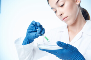 female laboratory assistant chemical solution research biotechnology professionals
