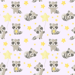 Fototapeta premium Seamless pattern for kids with cute raccoons. Funny animals.