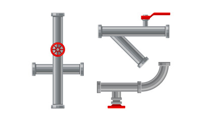 Fitting or Adapter for Connecting Straight Section of Pipe or Tube with Red Valves Vector Set