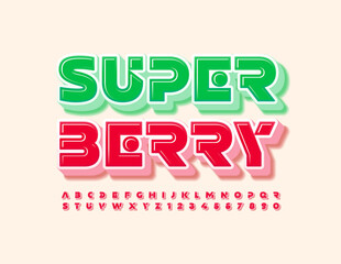 Naklejka premium Vector creative emblem Super Berry. Red 3D Font. Modern bright Alphabet Letters and Numbers set