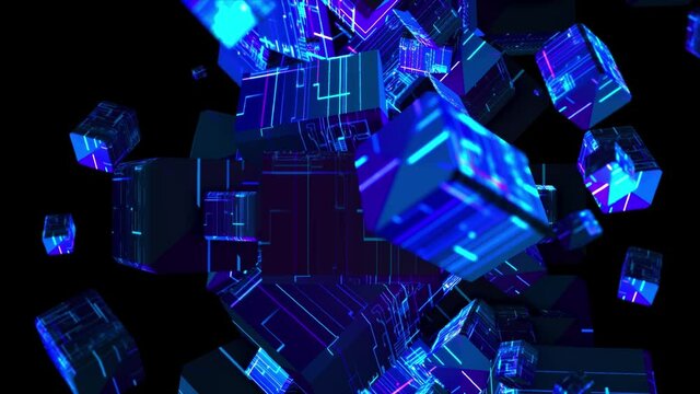 Abstract background 3D animation futuristic cyberspace, technological elements, snippets of digital data rotating in a space.