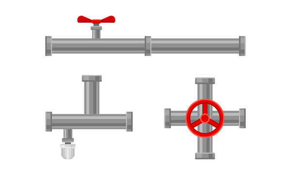 Fitting or Adapter for Connecting Straight Section of Pipe or Tube with Red Valves Vector Set