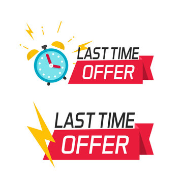 Last time offer or special minute countdown deal with alarm clock watch vector flat cartoon label illustration isolated