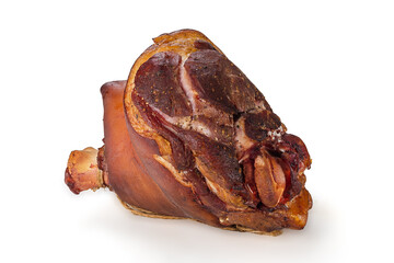 Appetizing golden smoked pork shank isolated on white background