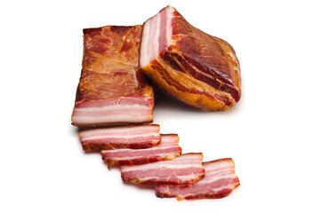 Whole Smoked pork bacon with slices on a white background. Food product.