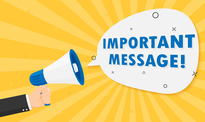 Hand holding megaphone with Important Announcement, message. Vector flat design - obrazy, fototapety, plakaty