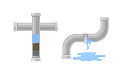 Leaking Water Pipe and Damaged Dripping Fitting Vector Set