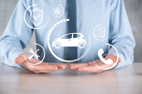 Digital composite of Man holding car icon.Car automobile insurance and car services concept. Businessman with offering gesture and icon of car