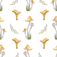 Seamless pattern of mushrooms and leaves. Isolated elements on 
white background. Watercolor hand drawing