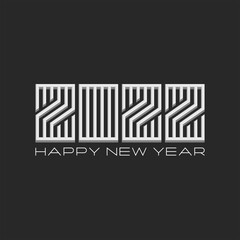 Happy New Year banner, logo 2022 3d number monogram, maze lines linear creative typography design greeting card