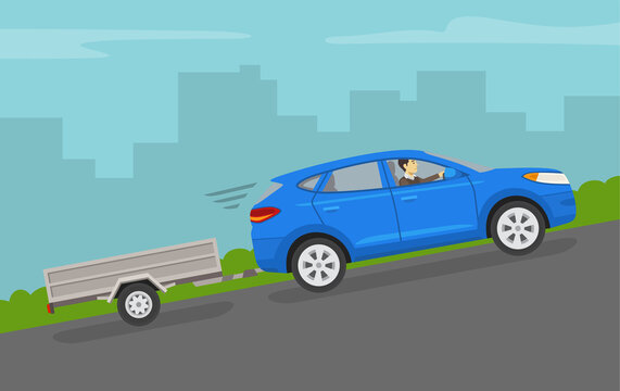 Blue suv car towing a trailer on a grade. City hill view. Flat vector illustration template.