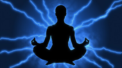 Meditation energy - yoga figure with energising lightning bolt electricity - 447214958