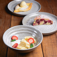 Gerogian desserts with ice cream and fresh organic strawberry. Georgian cuisine concept.
