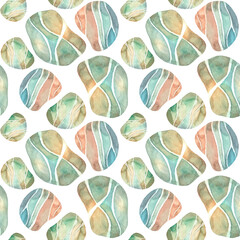 Sea pebbles seamless pattern watercolour. Sea beach surface. Hand drawn painting. Summer Home Decor. Marine underwater background. Dotty stones textile, paper, decoration. - 447215103