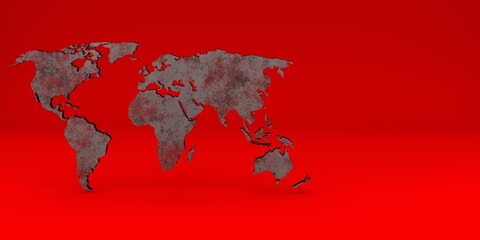 World map with concrete texture on a red background. Place for your text. 3d illustration