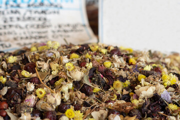 traditional turkish cuisine, mixed herbal tea. Chamomile, pomegranate flower, fennel, rosehip, cranberry etc. selective focus herbs.