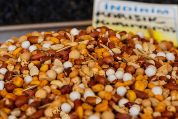 traditional turkish cuisine, nuts and other snacks. chickpeas, pumpkin seeds, candied chickpeas,...
