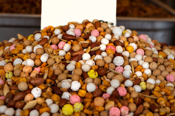 traditional turkish cuisine, nuts and other snacks. chickpeas, pumpkin seeds, candied chickpeas,...