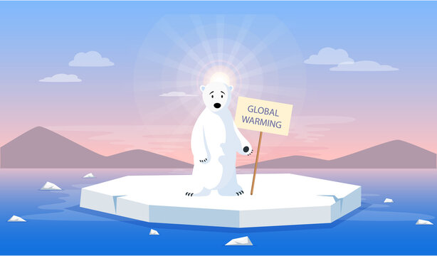 Sad polar bear escapes melting glacier. Animals during global warming concept. Cute polar bear standing on iceberg is afraid of global warming. Animal on ice floe melting due to climate change