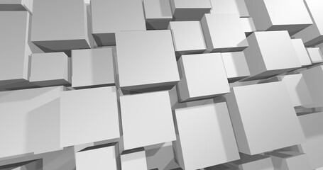 Abstract background from white and gray cubes. 3D objects of different sizes. Beautiful geometric decorative screensaver.