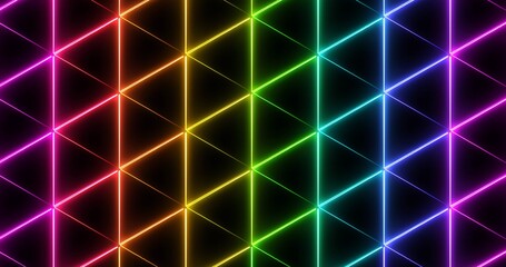 A pattern of rainbow neon triangles. Multicolored abstract colorful geometric background. Beautiful modern decorative screensaver.