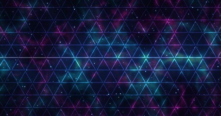 Abstract space background with stars and triangles. Purple and blue clumps of fog. Beautiful modern decorative screensaver.