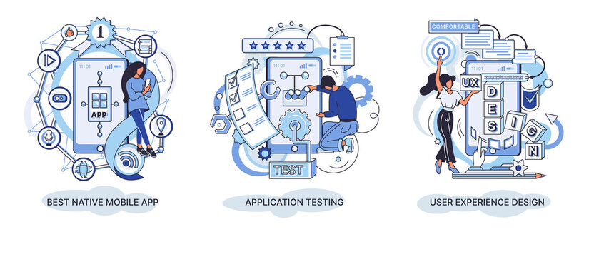 Abstract metaphor set. Mobile app development process. React best native mobile app, user interface, experience design, usability application testing, software architecture. User experience ux design