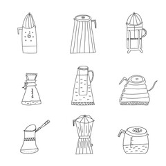 Set of hand drawn doodle vector illustrations of various coffee pots for different brewing methods. Isolated on white background.