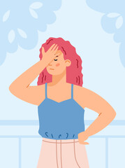 Disappointed confused woman with gesture of regret, flat vector illustration.