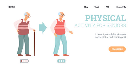 Physical activity for elderly people web page, flat vector illustration.