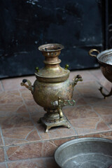 handmade antique copper samovar. selective Focus