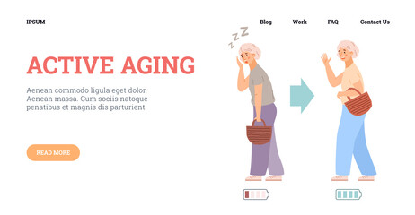Active aging and activity of elderly people website, flat vector illustration.