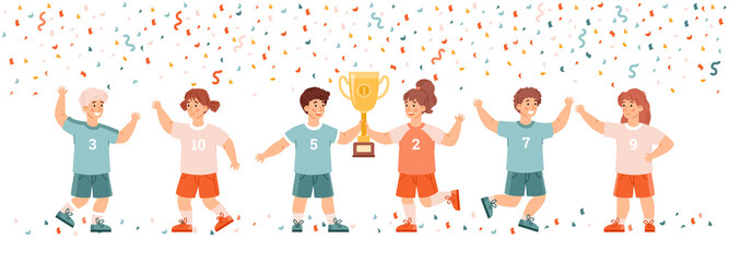 Team of kids celebrating victory, flat vector illustration isolated on white.