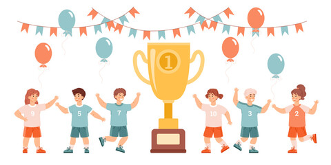 Cheerful happy children near huge trophy cup, flat vector illustration isolated.