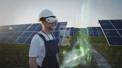 Adult male worker in VR headset working online checking solar battery panels. 3D hologram graphic. Sunset sky. Futuristic technology innovation. Eco business trend. Virtual reality inspiration. 5G