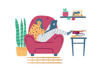 Tired lazy girl with laptop computer sleep in armchair a vector illustration.