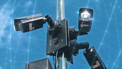 Digital technology concept. Modern video surveillance cameras outside. 3D graphic. Private safety.