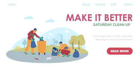 Website banner for streets and parks cleaning events, flat vector illustration.