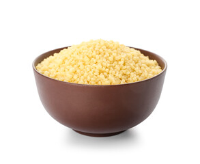 Bowl with raw couscous on white background