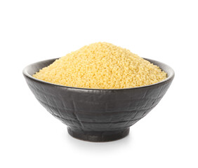 Bowl with raw couscous on white background