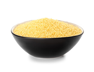 Bowl with raw couscous on white background