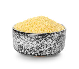 Bowl with raw couscous on white background