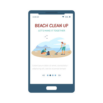 Beach clean up event promotion page for mobile app, flat vector illustration.