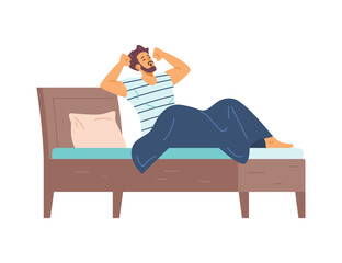Man sits on bed in the morning, stretches and yawns. Vector cartoon flat illustration of male character.