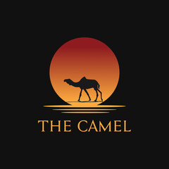 The Camel Silhouette at Beach Sunset Sun or Moon logo Design illustration