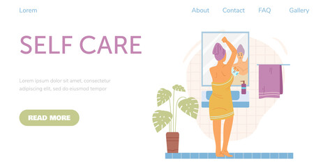 Template for website with illustration of woman in bathroom at mirror. Vector flat cartoon illustration of girl taking care of herself.