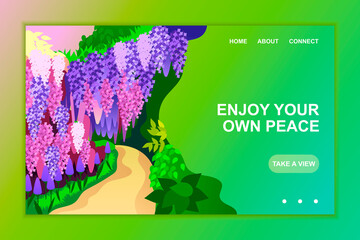 Blooming green garden with a path. Bright design template for a website, landing page, mobile site. Spring landscape. Vector cartoon illustration. EPS 10. 