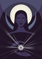 Portrait of a mysterious woman with eyes glowing in the dark. A young witch. Halloween. Vector flat illustration