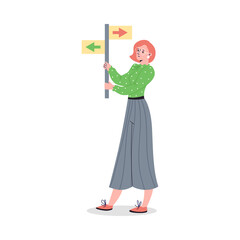 Woman holding direction signpost mark, cartoon vector illustration isolated.